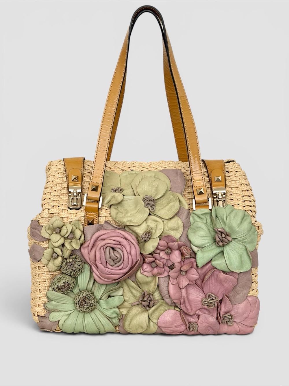 Valentino Garavani Woven Raffia Floral Leather Appliqué Bag
